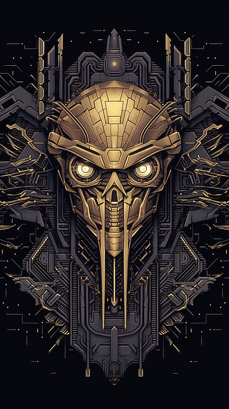 a gold and black robot head