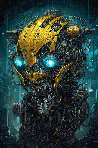 a robot with blue eyes