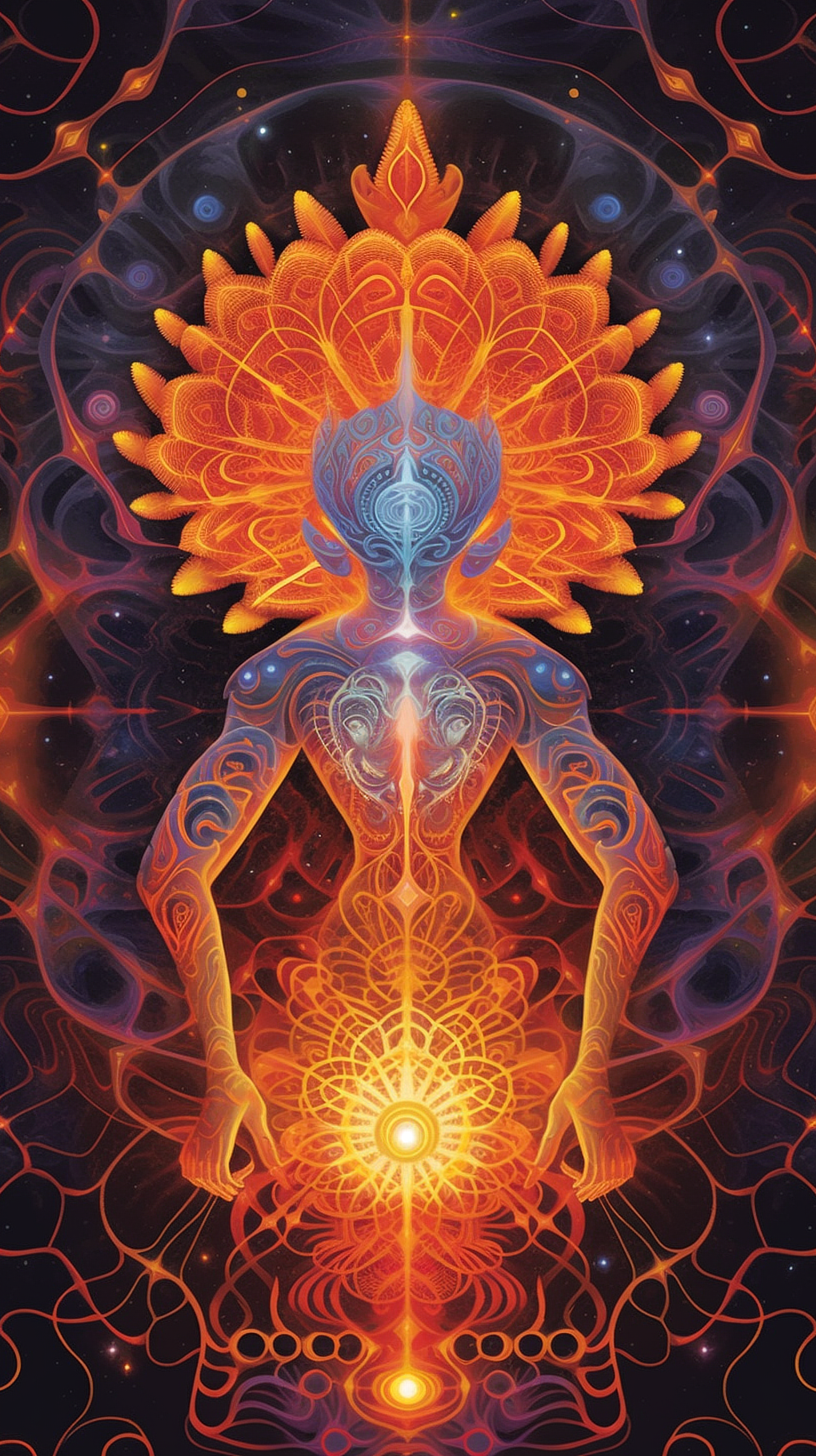 a colorful artwork of a person with a large orange flower