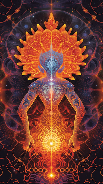 a colorful artwork of a person with a large orange flower