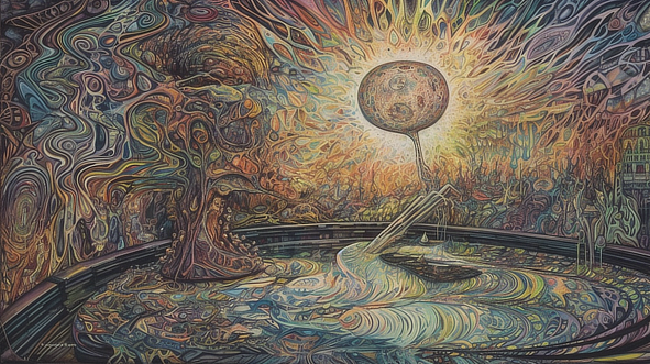 a painting of a tree and a fountain