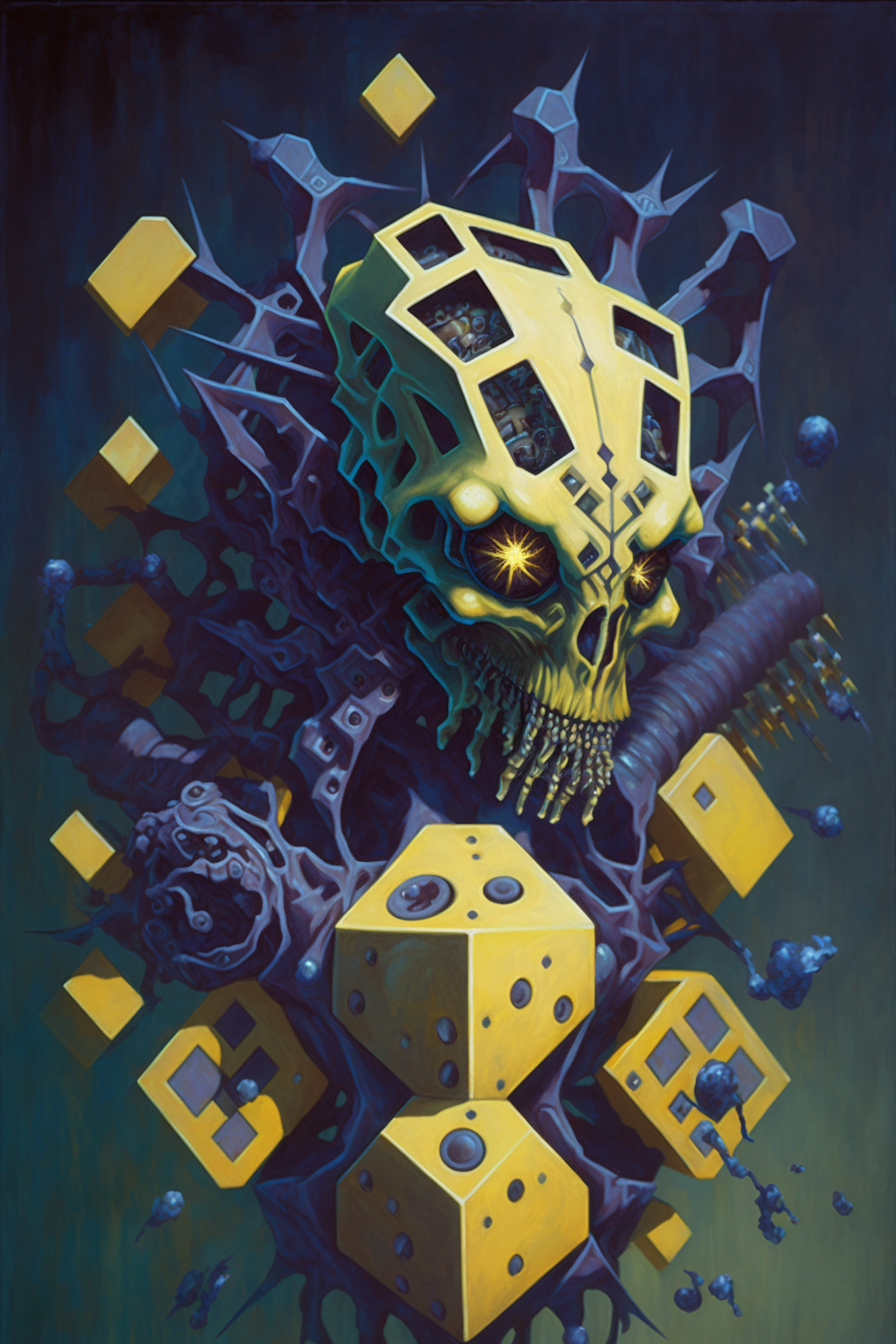 a skull with yellow eyes and yellow cubes