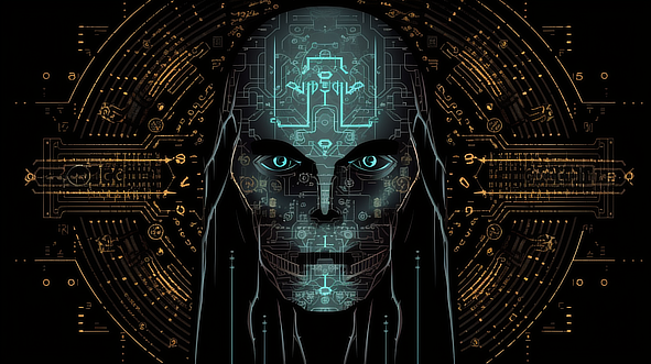 a digital art of a man with a circuit board