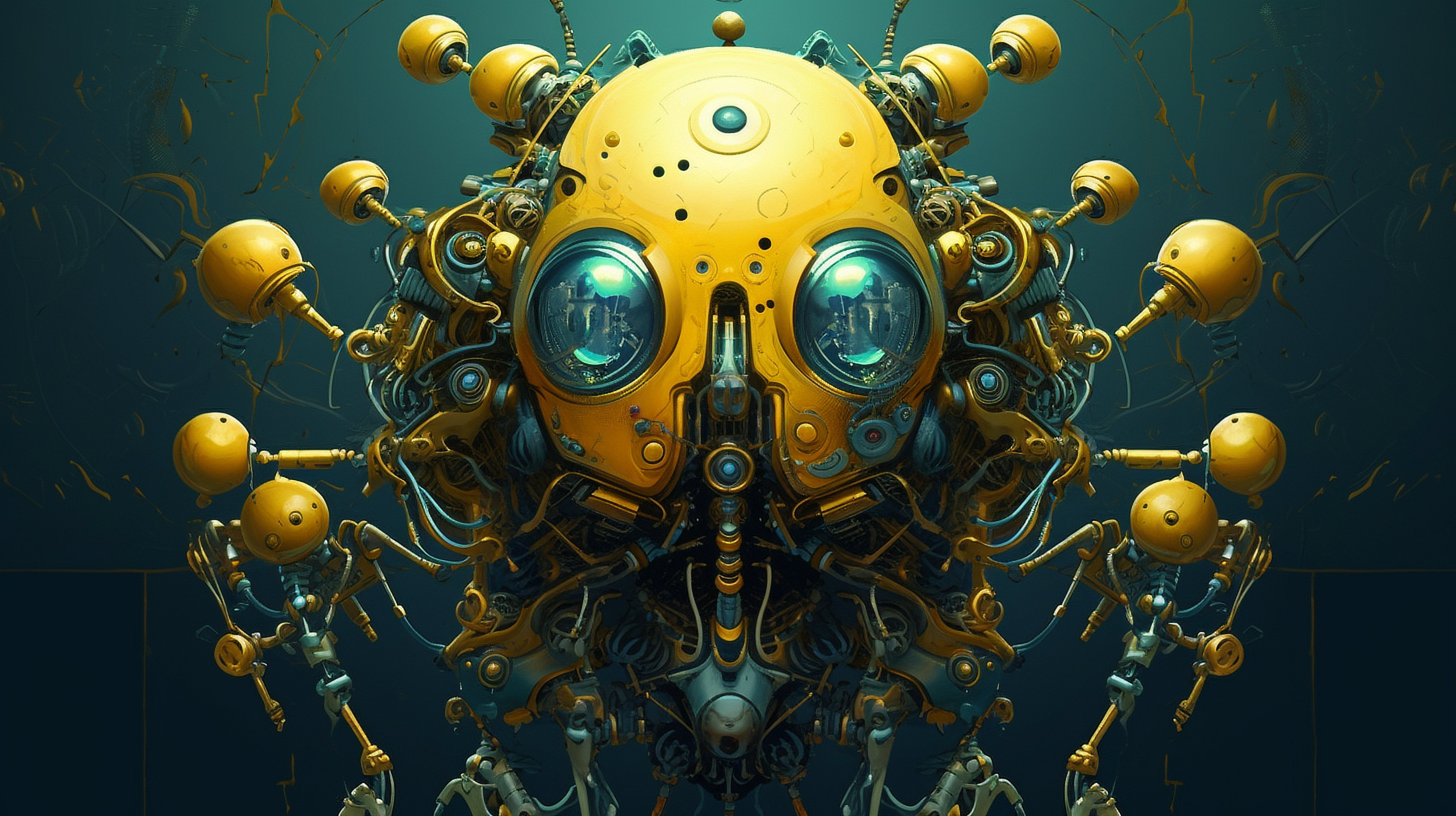 a yellow robot with many wires and blue eyes