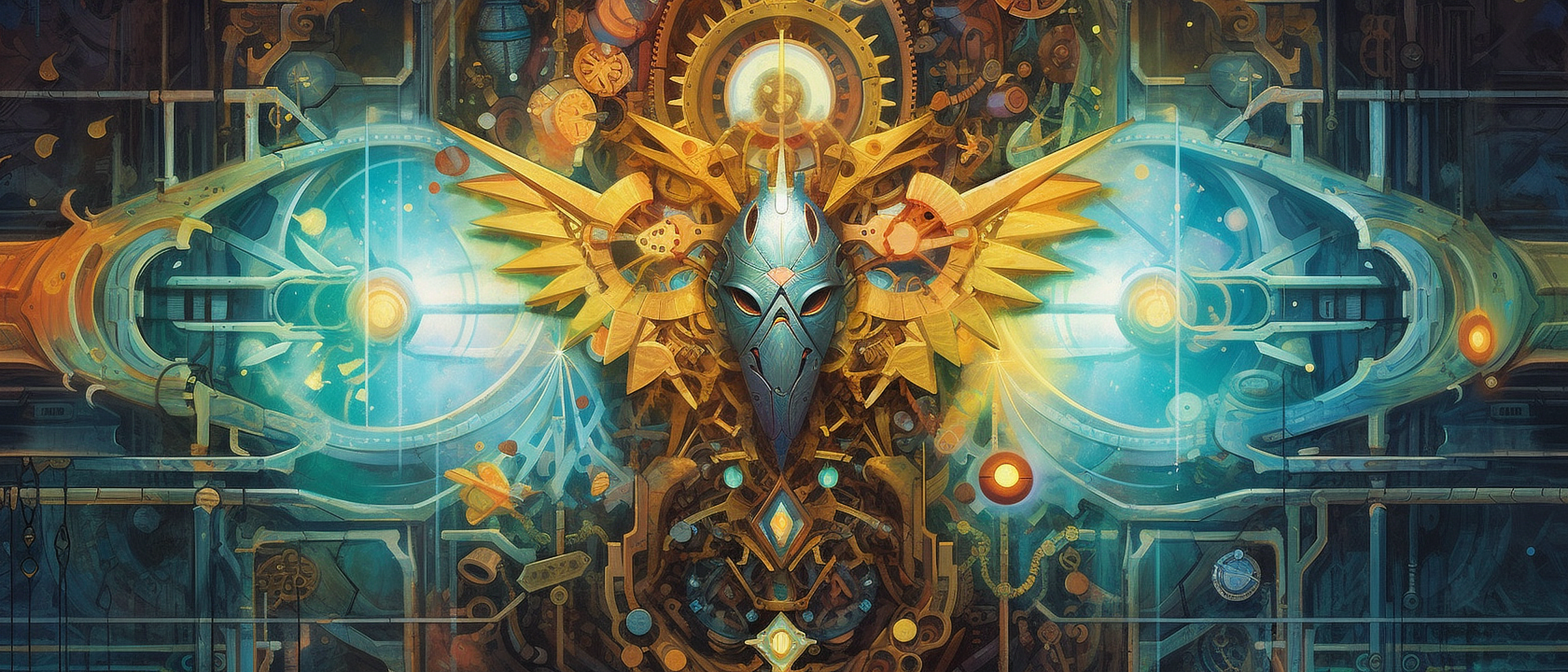 a artwork of a bird mask and gears