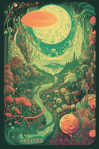 a colorful landscape with a path and flowers