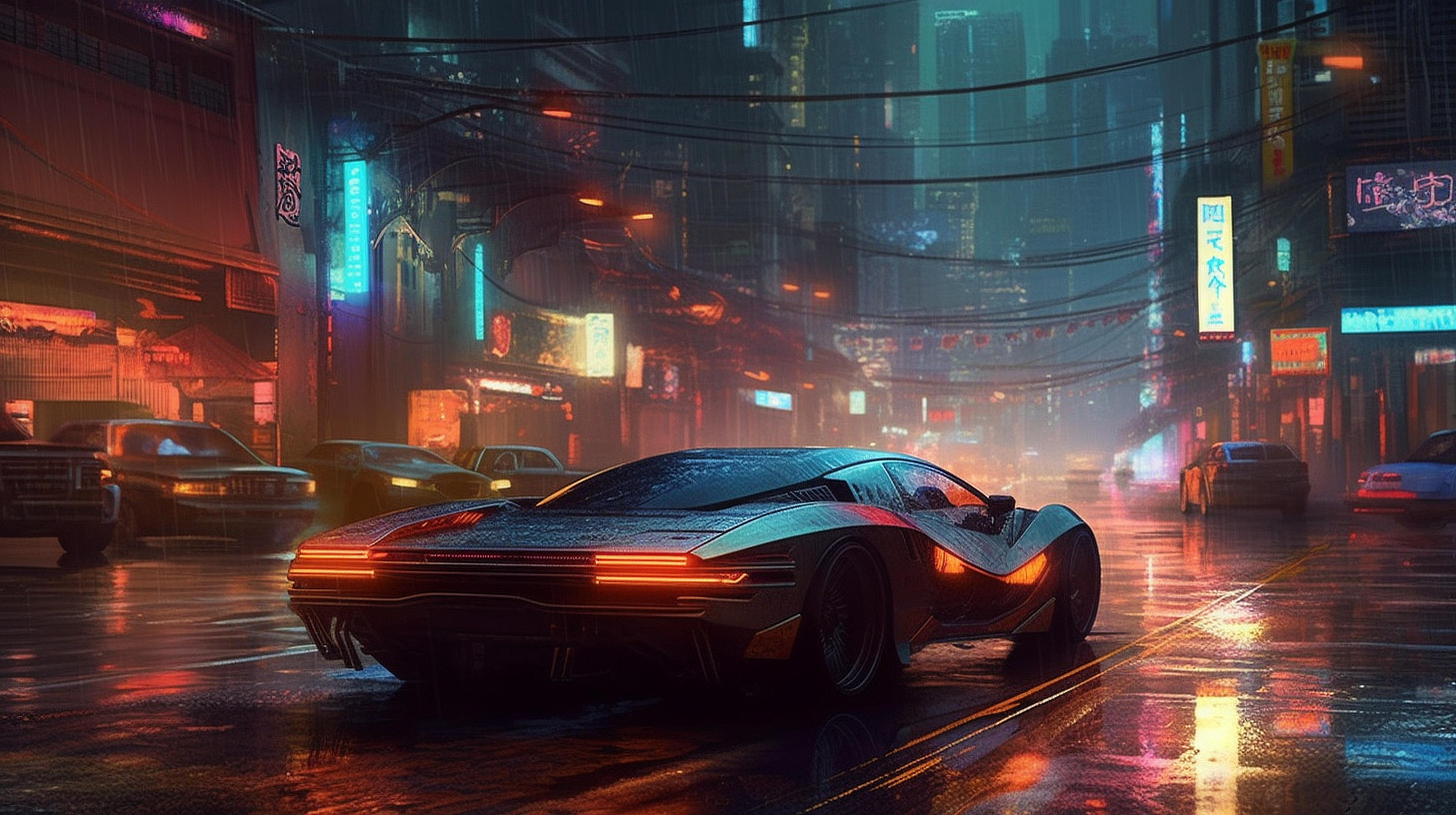 a car driving on a wet street