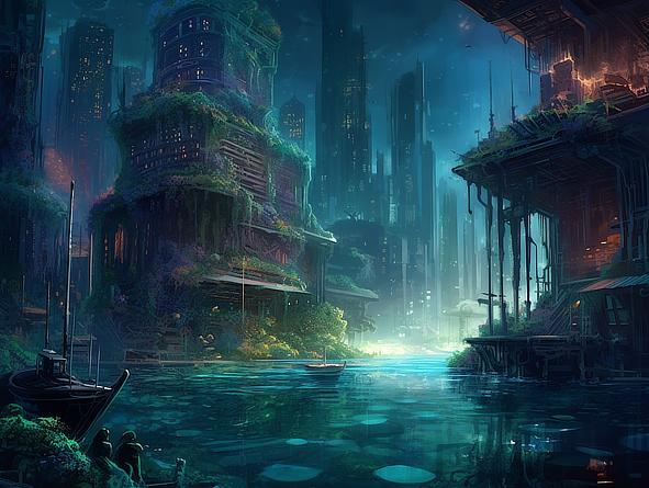 a city with a river and boats