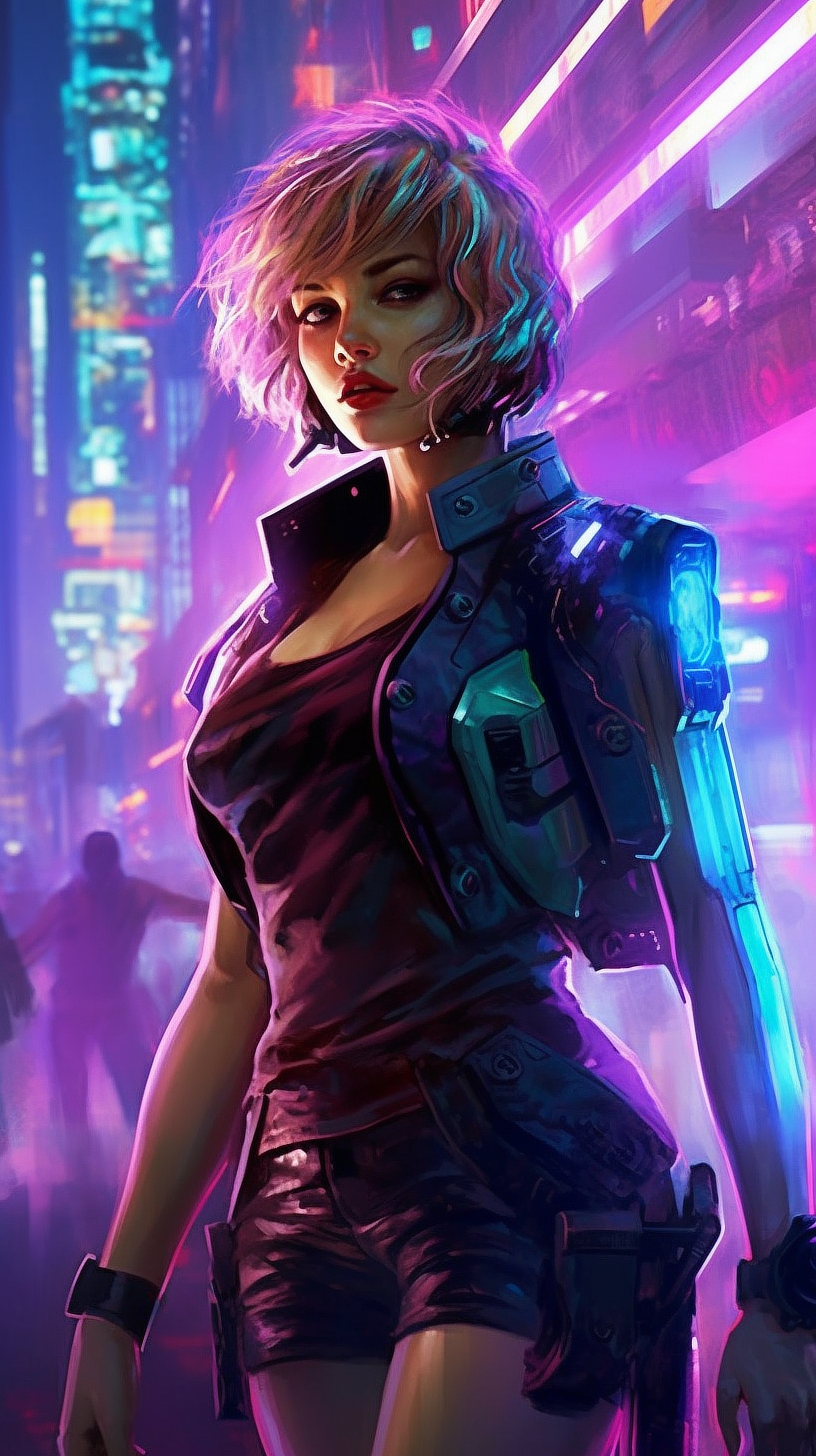 a woman with short hair wearing a black shirt and purple and blue outfit