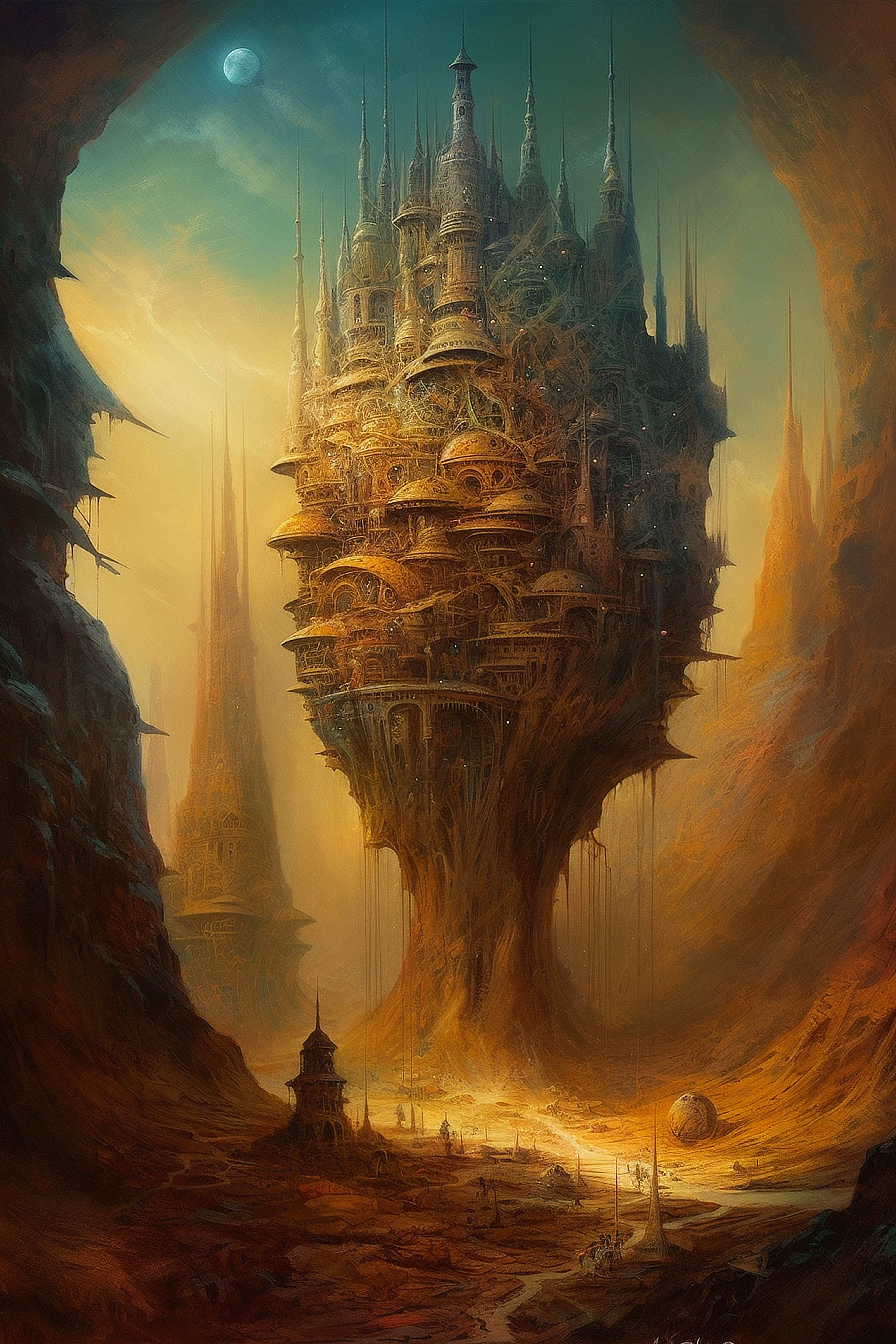 a fantasy landscape with a large tower