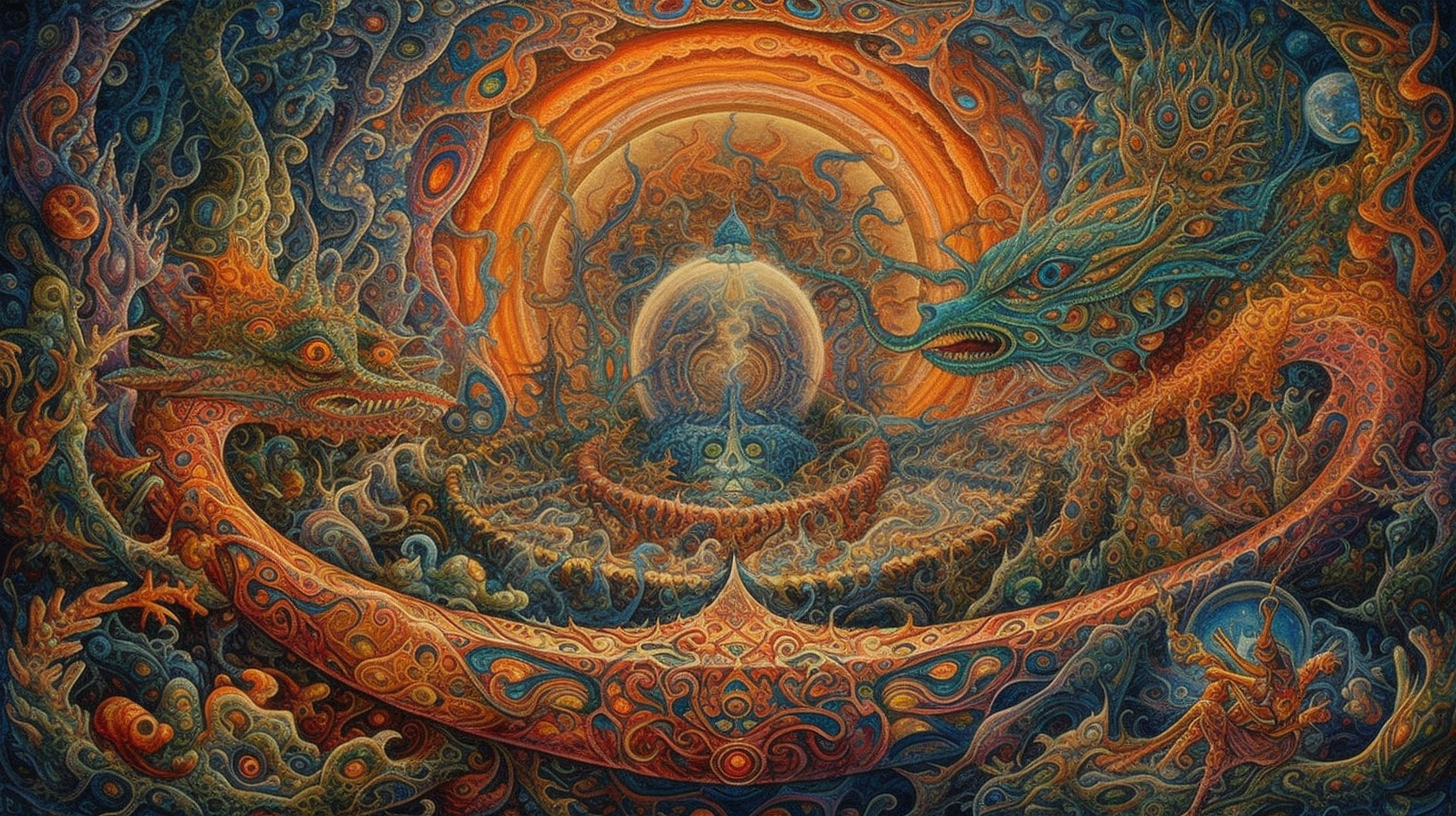 a colorful artwork with dragons