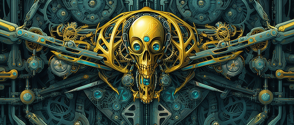 a yellow skull with blue eyes and gears