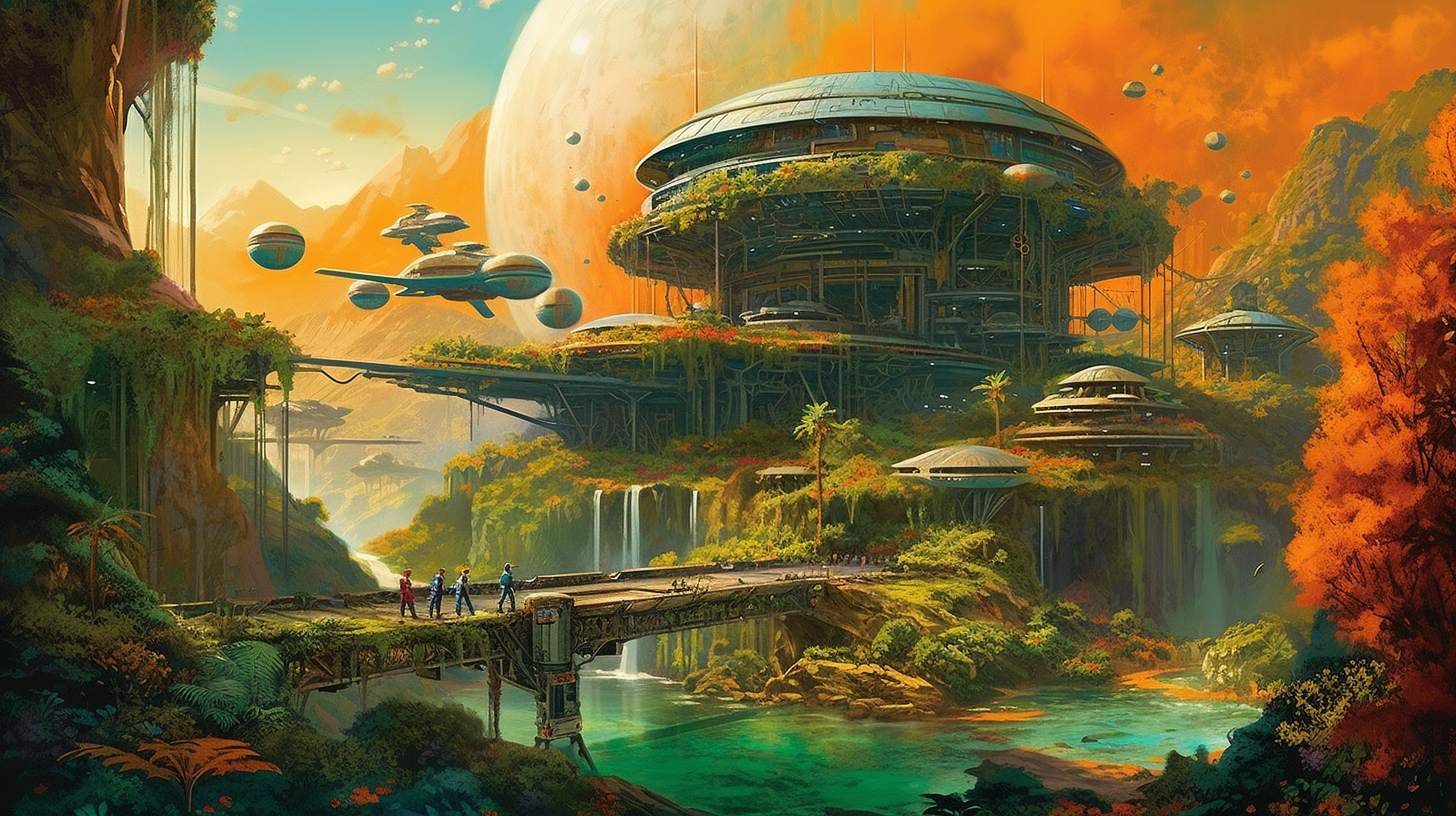 a group of people standing on a bridge over a city