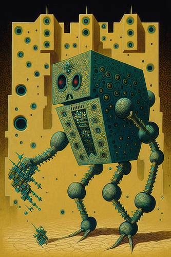 a green robot with red eyes and a yellow background