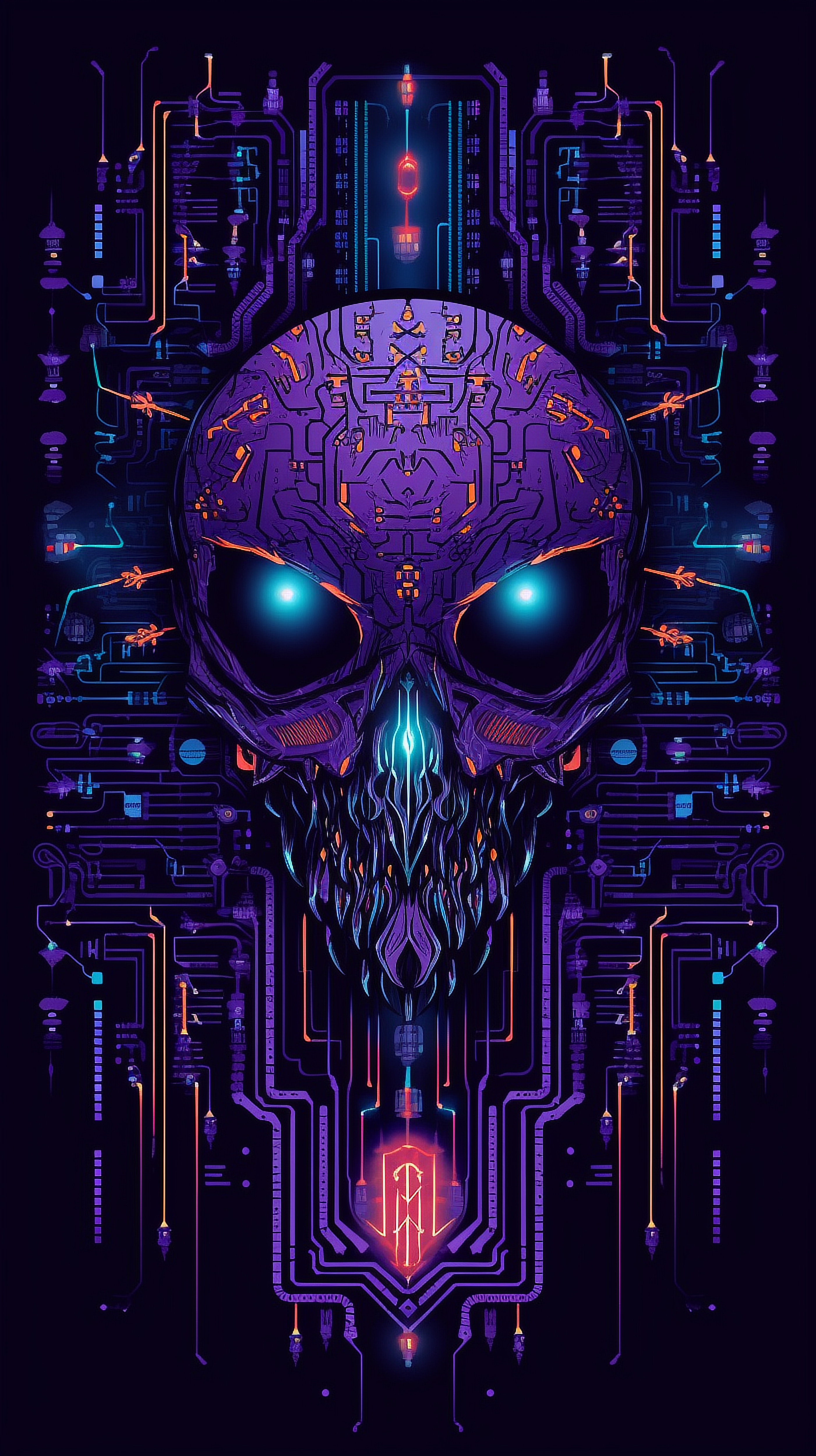 a purple skull with glowing eyes and wires
