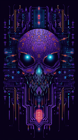a purple skull with glowing eyes and wires