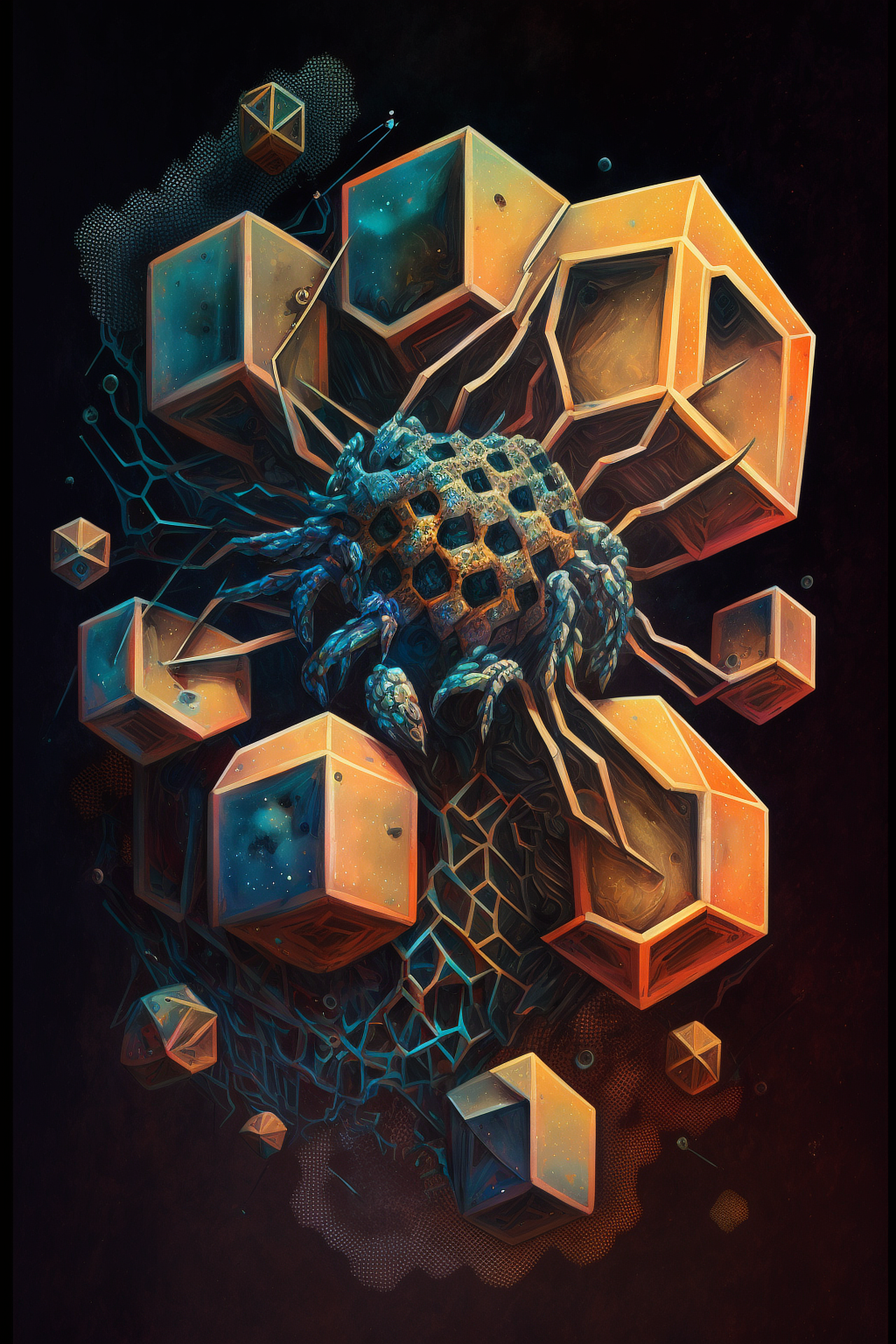 a artwork of a spider on a piece of hexagons