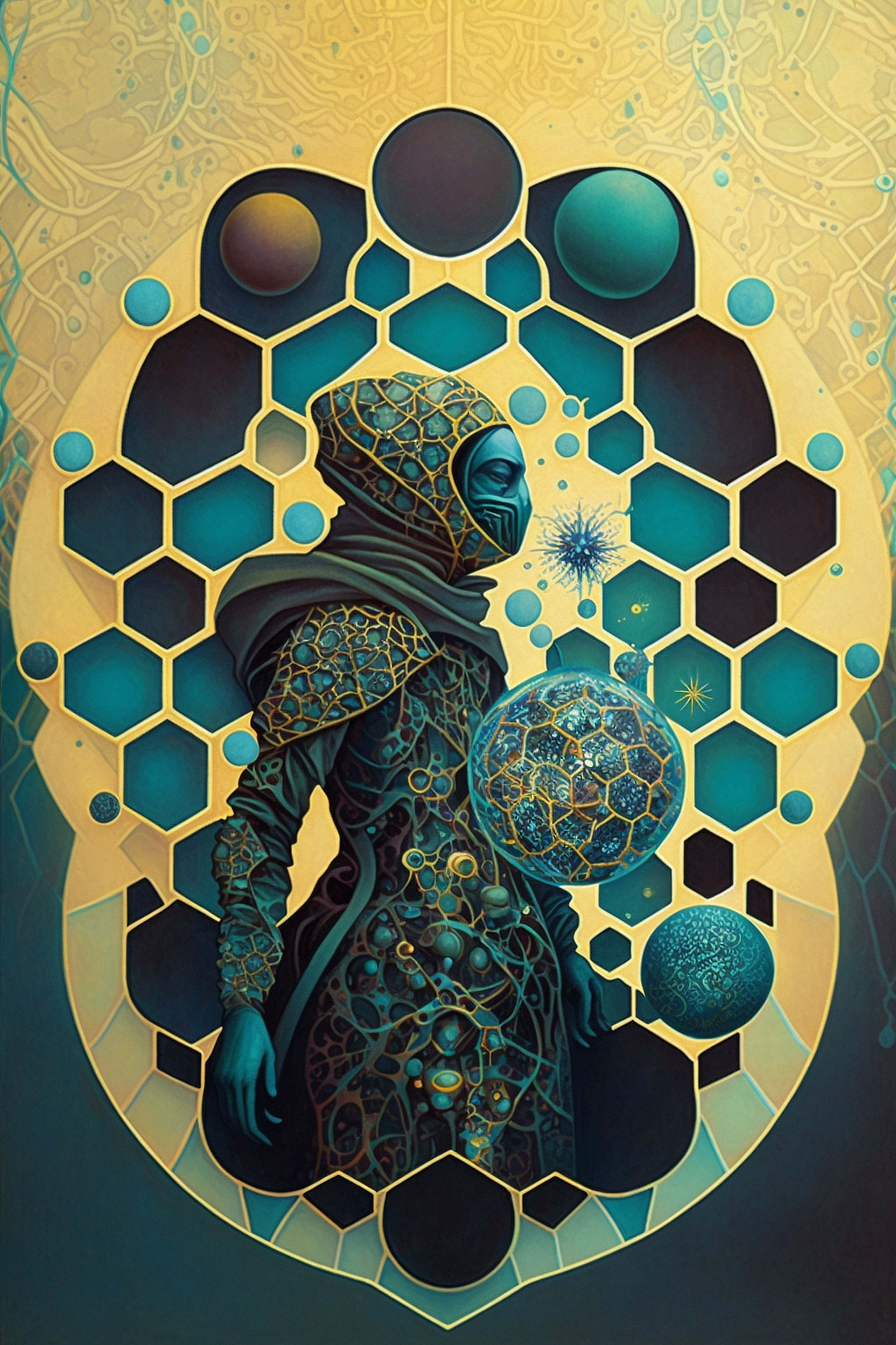 a painting of a person wearing a mask and holding a ball