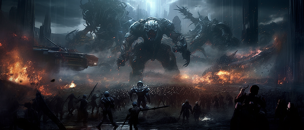 a group of people standing around a large monster