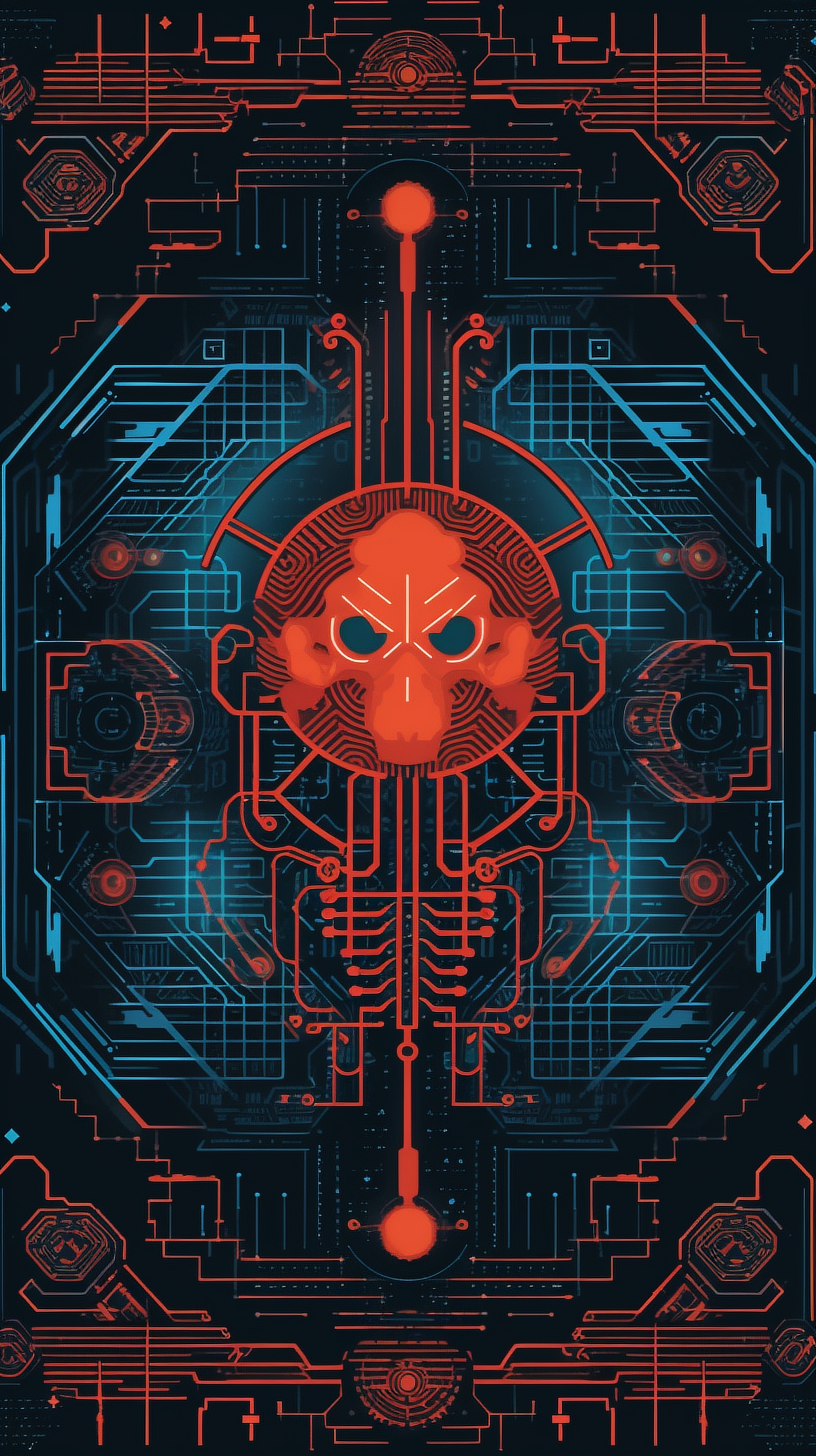 a red skull with blue lines and a red circle