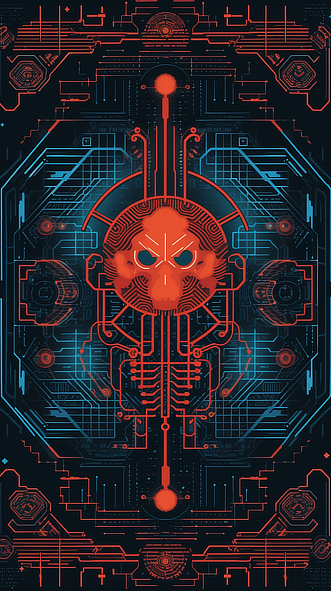 a red skull with blue lines and a red circle