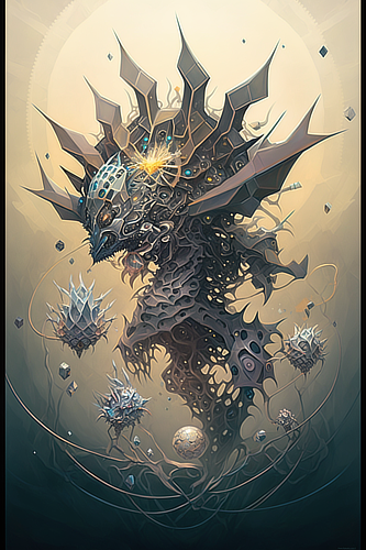 a artwork of a creature with many objects