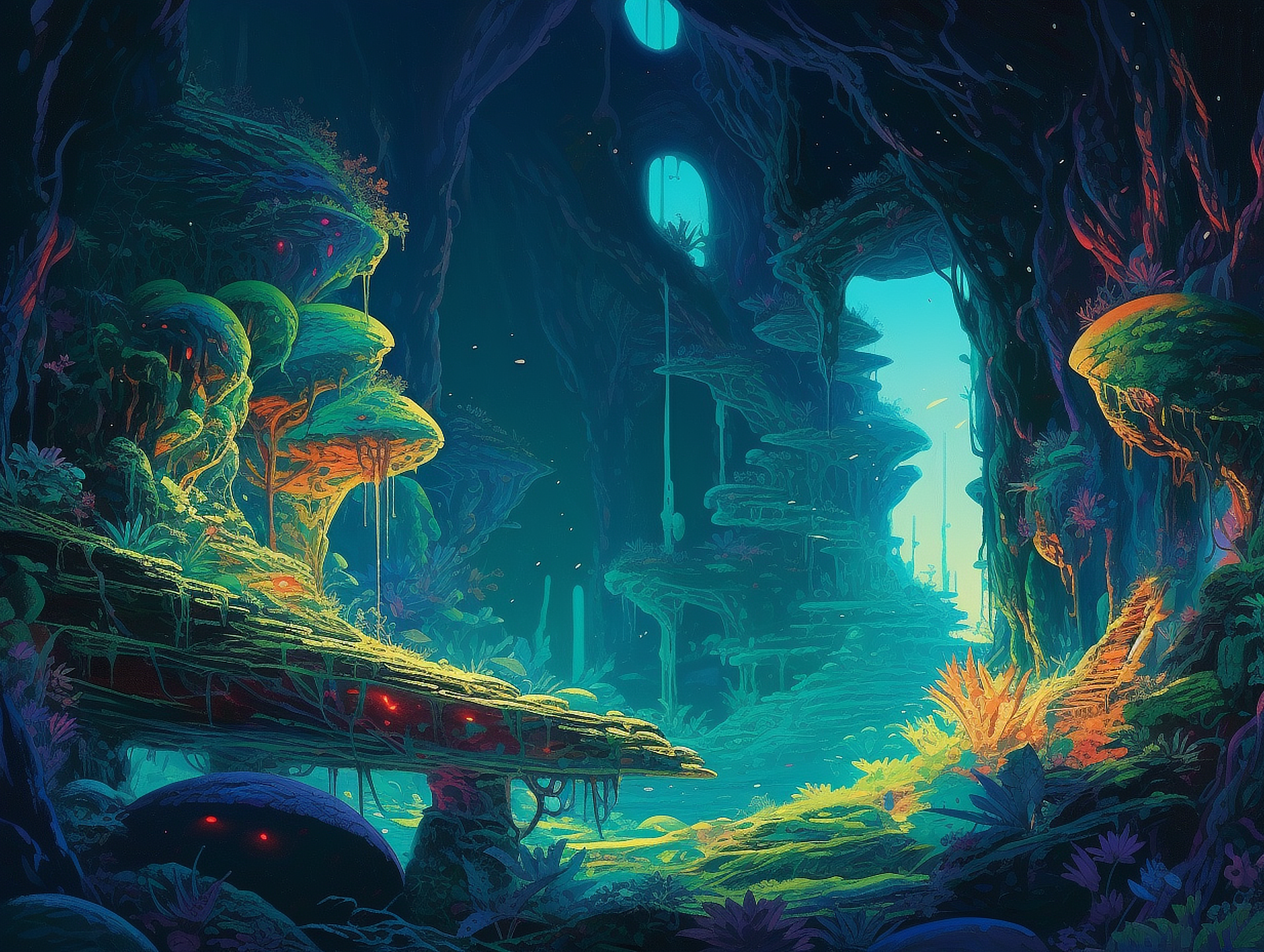 a video game art of a cave with plants and a tunnel