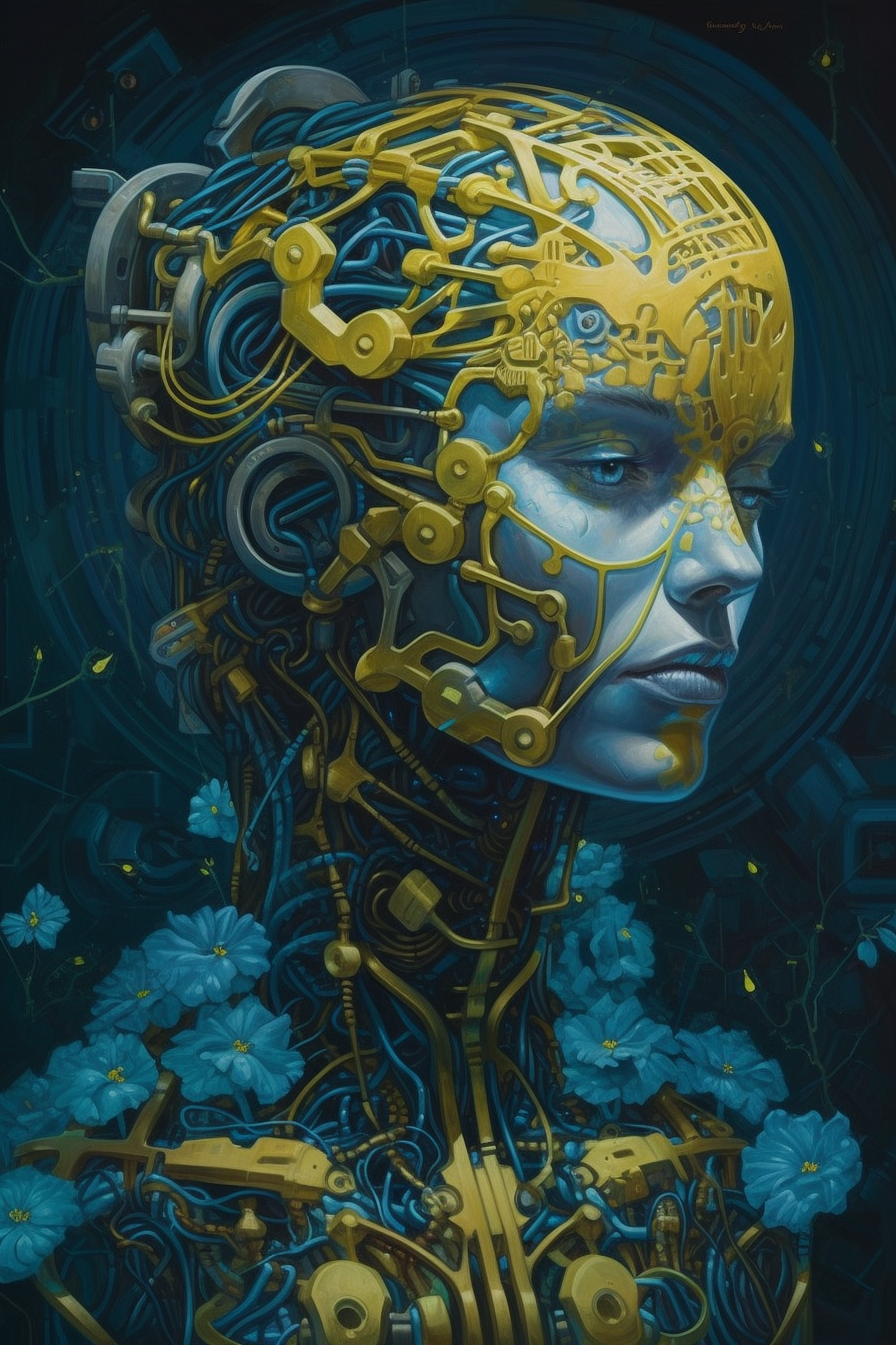 a woman with a blue and yellow face