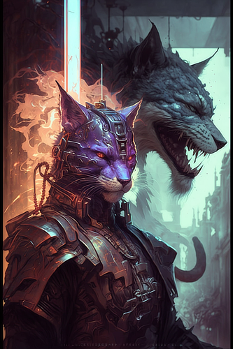 a cat in armor with a wolf