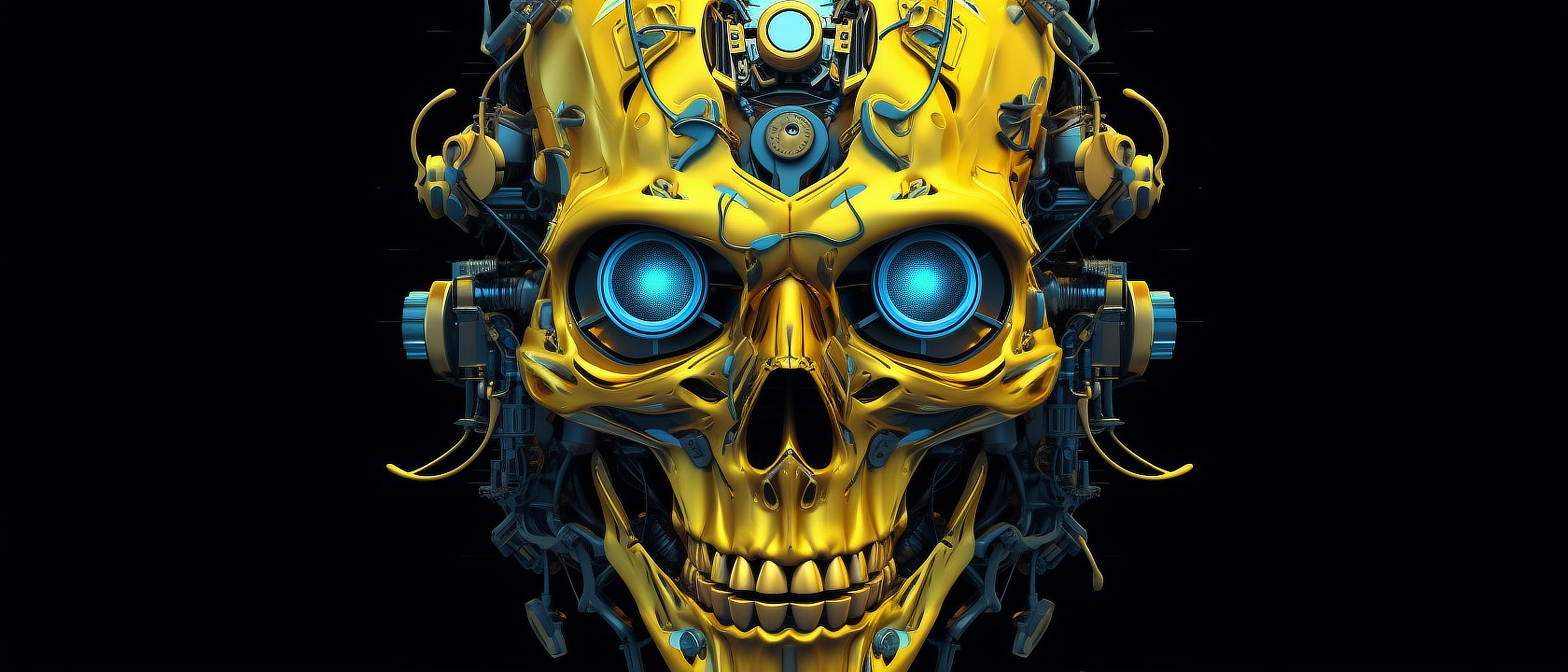 a skull with blue eyes and a black background