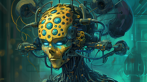 a robot with many wires and a yellow face