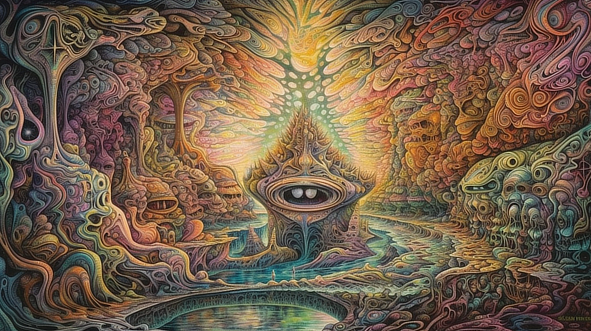 a colorful artwork with a river and a large eye