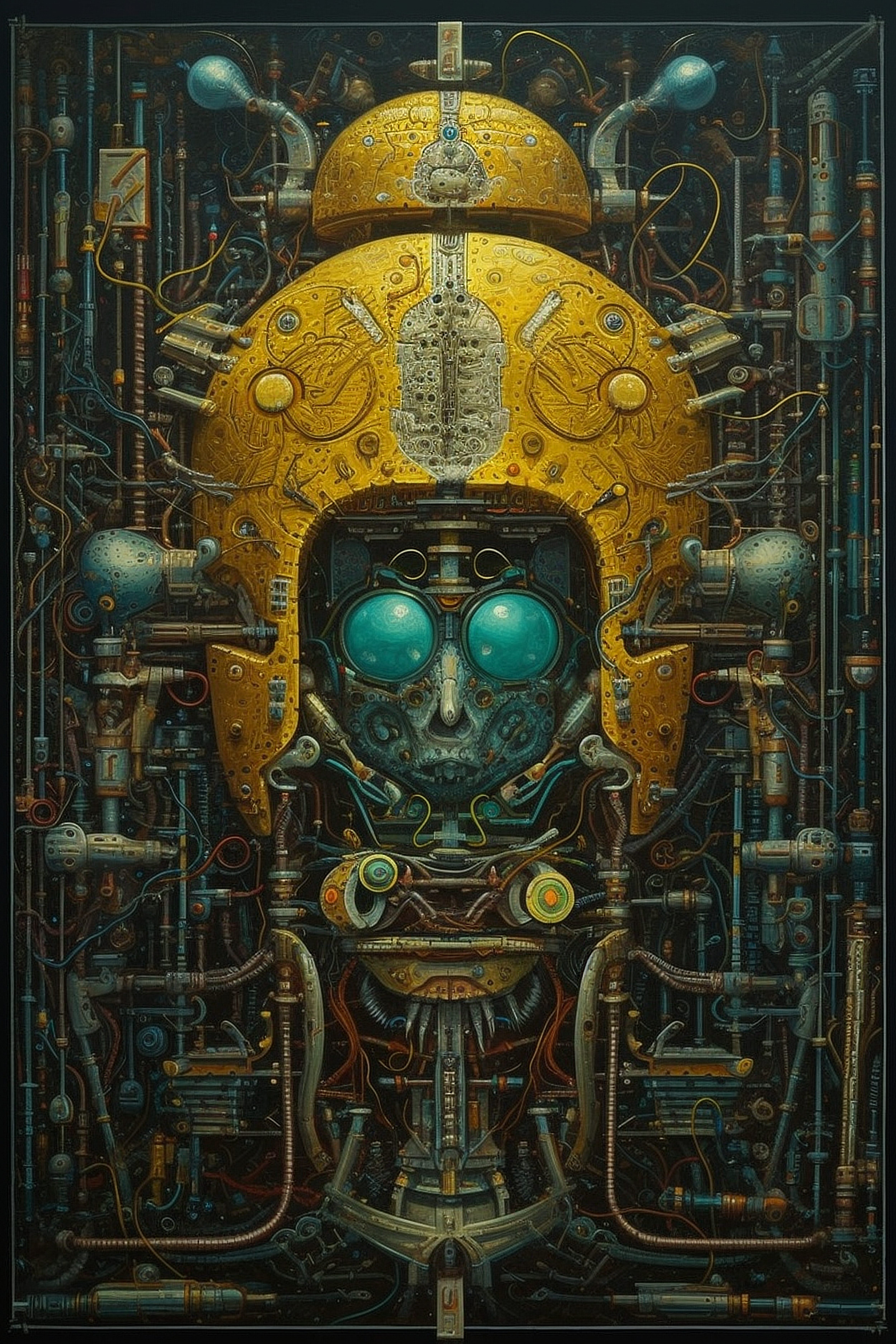 a yellow and blue robot head