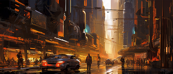 a city street with cars and people walking