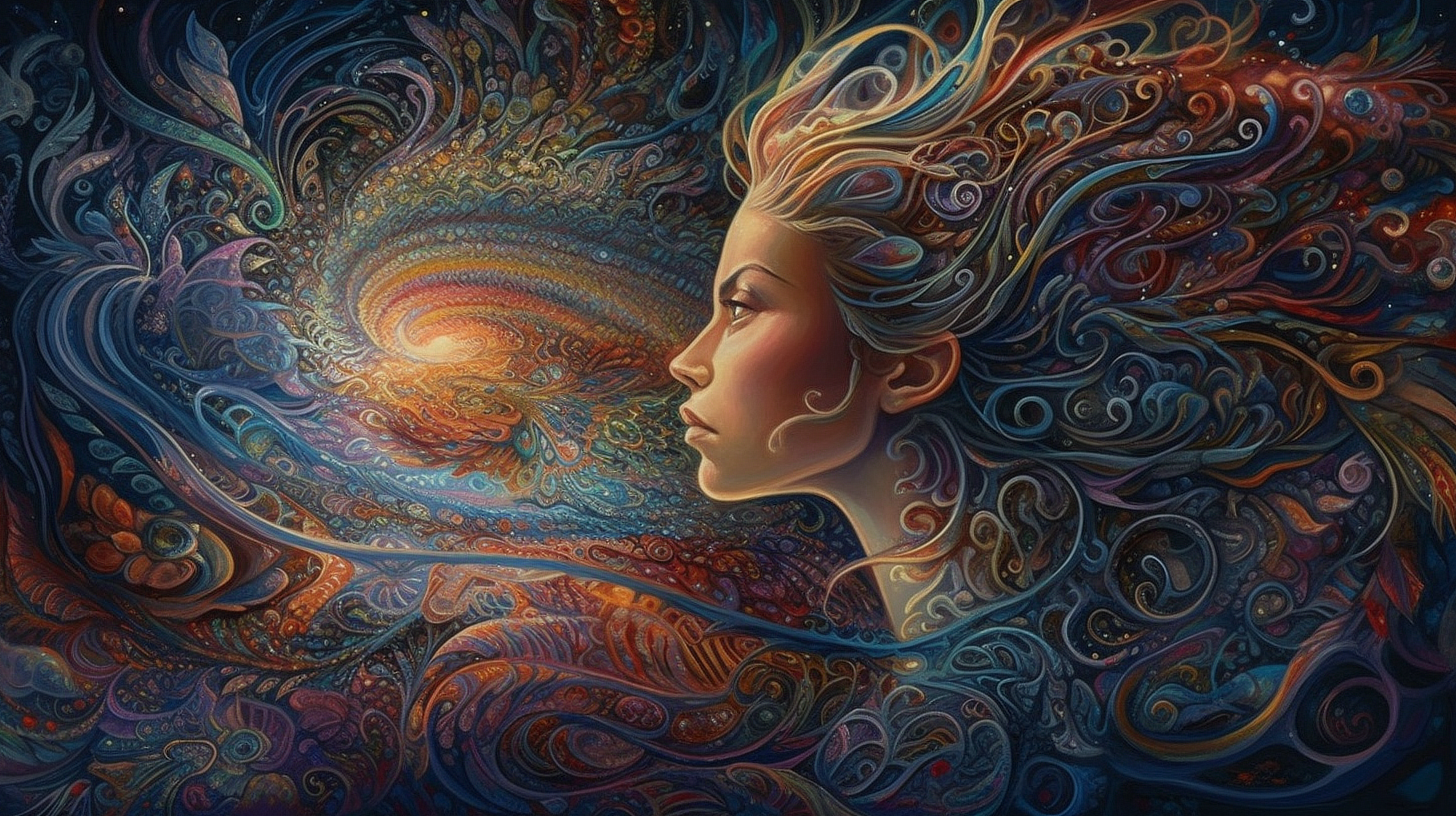 a woman's face with colorful swirls