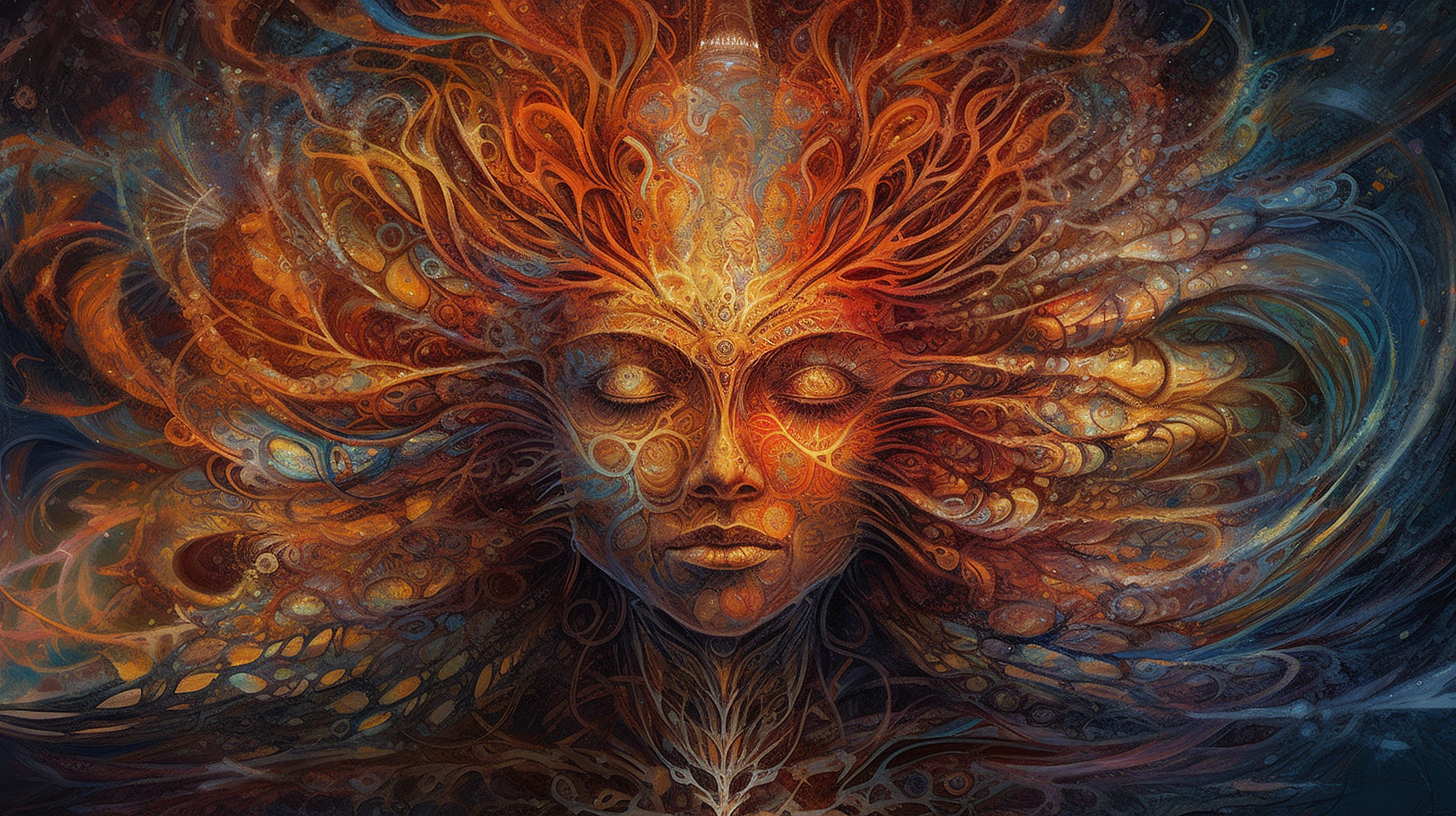 a painting of a woman with a colorful pattern