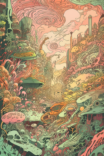 a colorful landscape with plants and trees