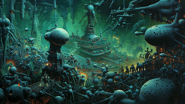 a large group of people standing around a ship