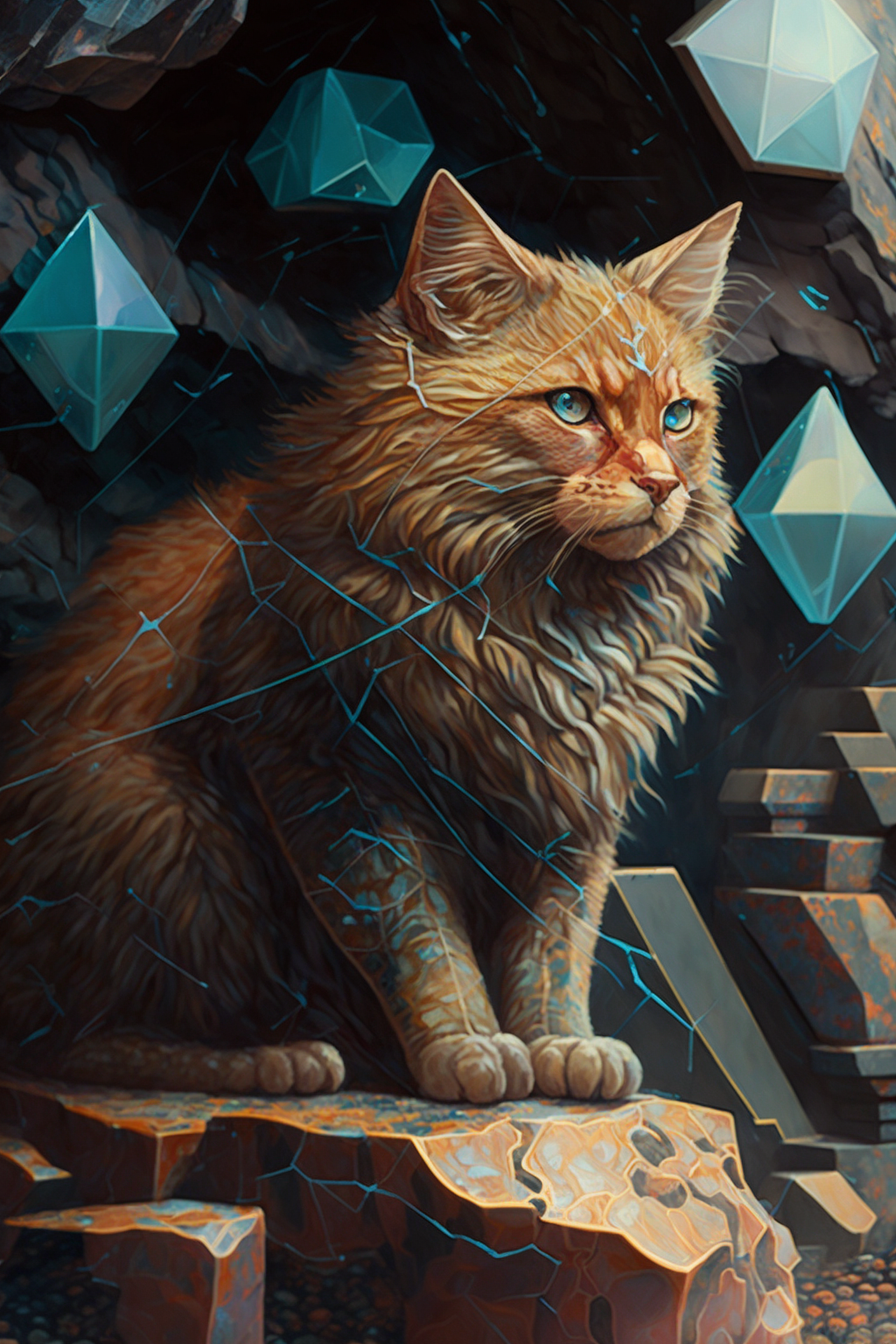 a cat sitting on a rock with a broken glass