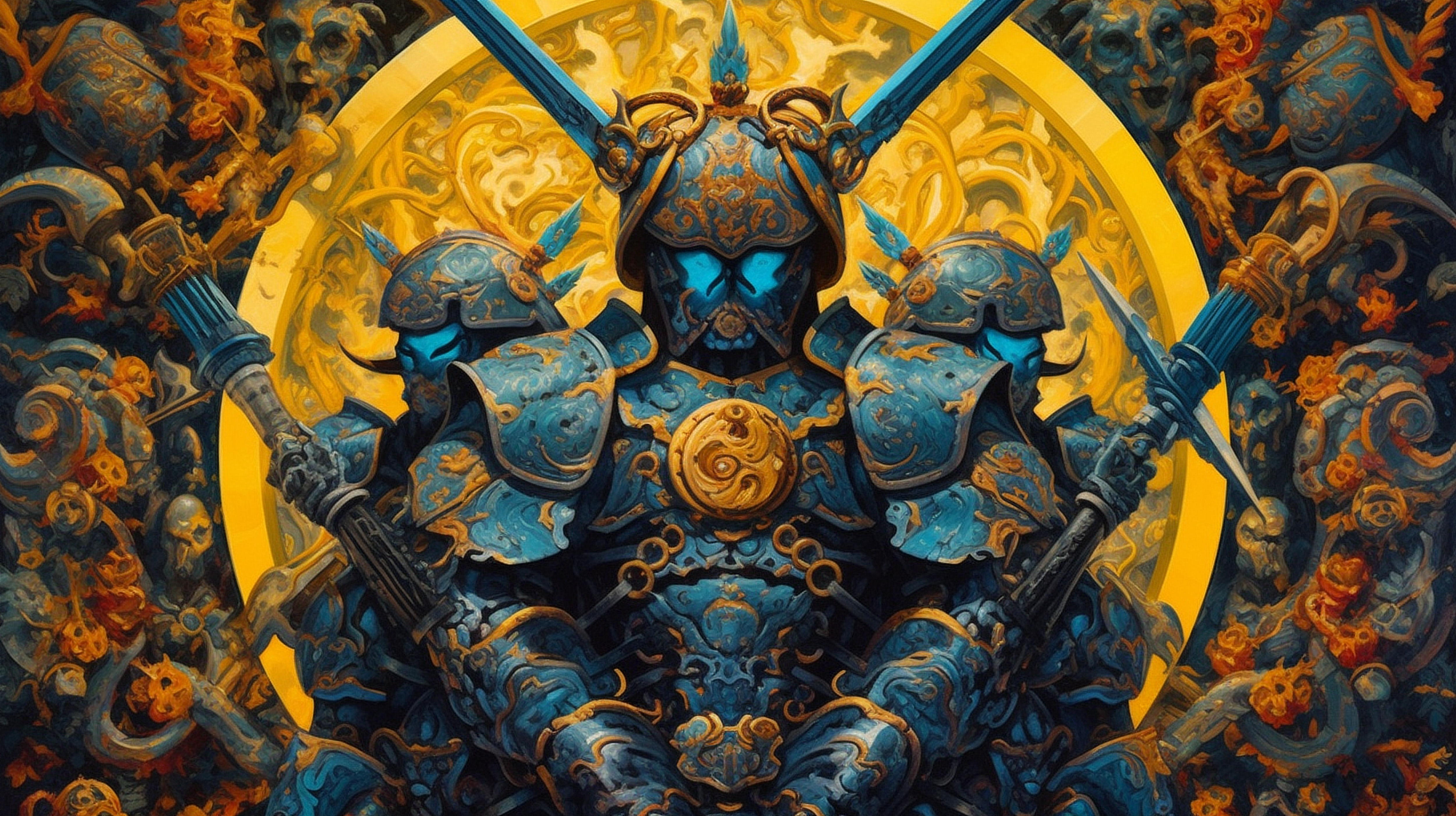 a blue and gold armor with swords
