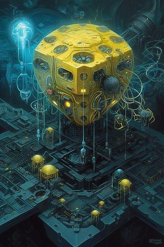 a yellow cube with yellow dots and yellow circles
