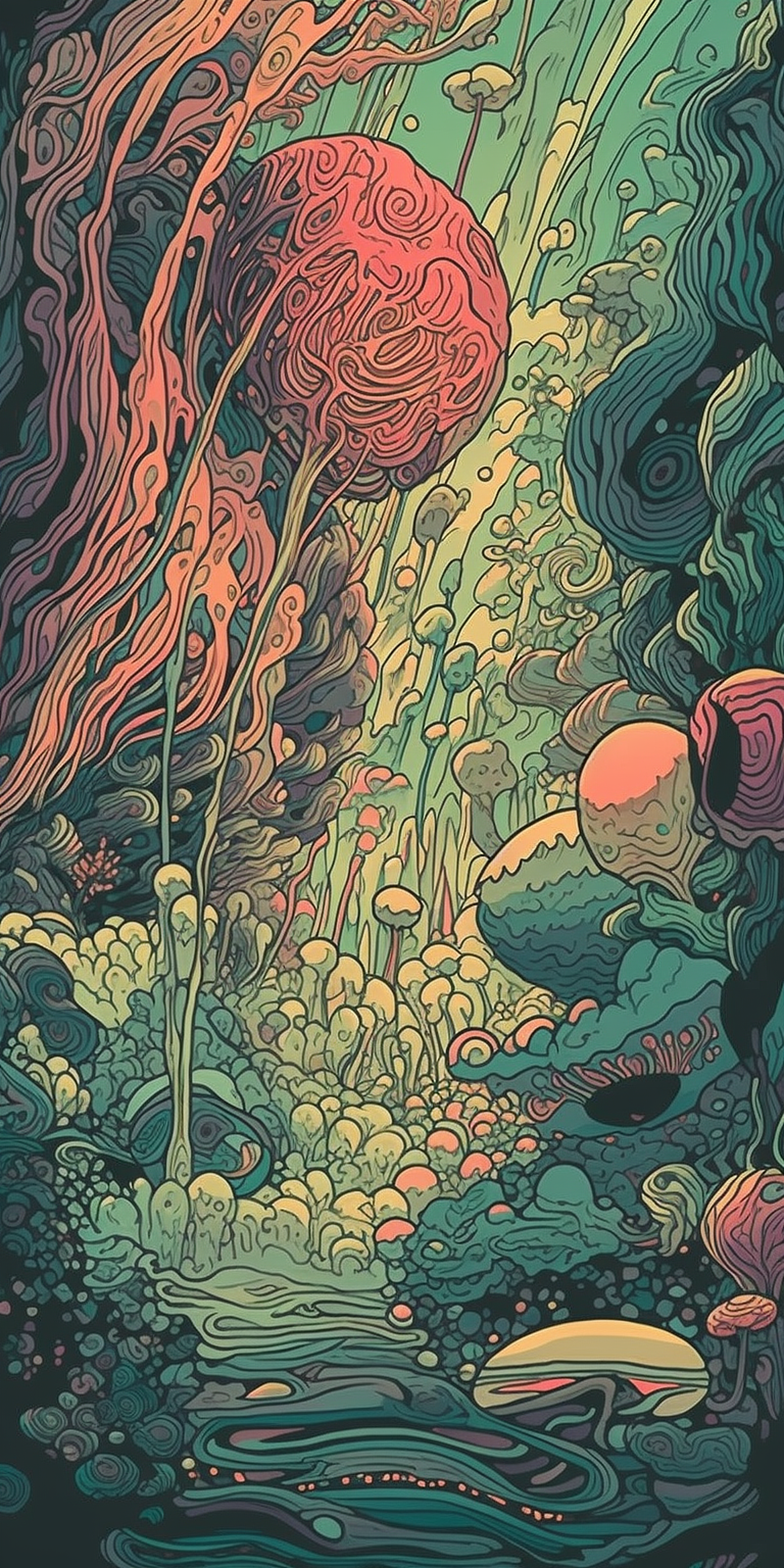 a colorful art of plants and trees