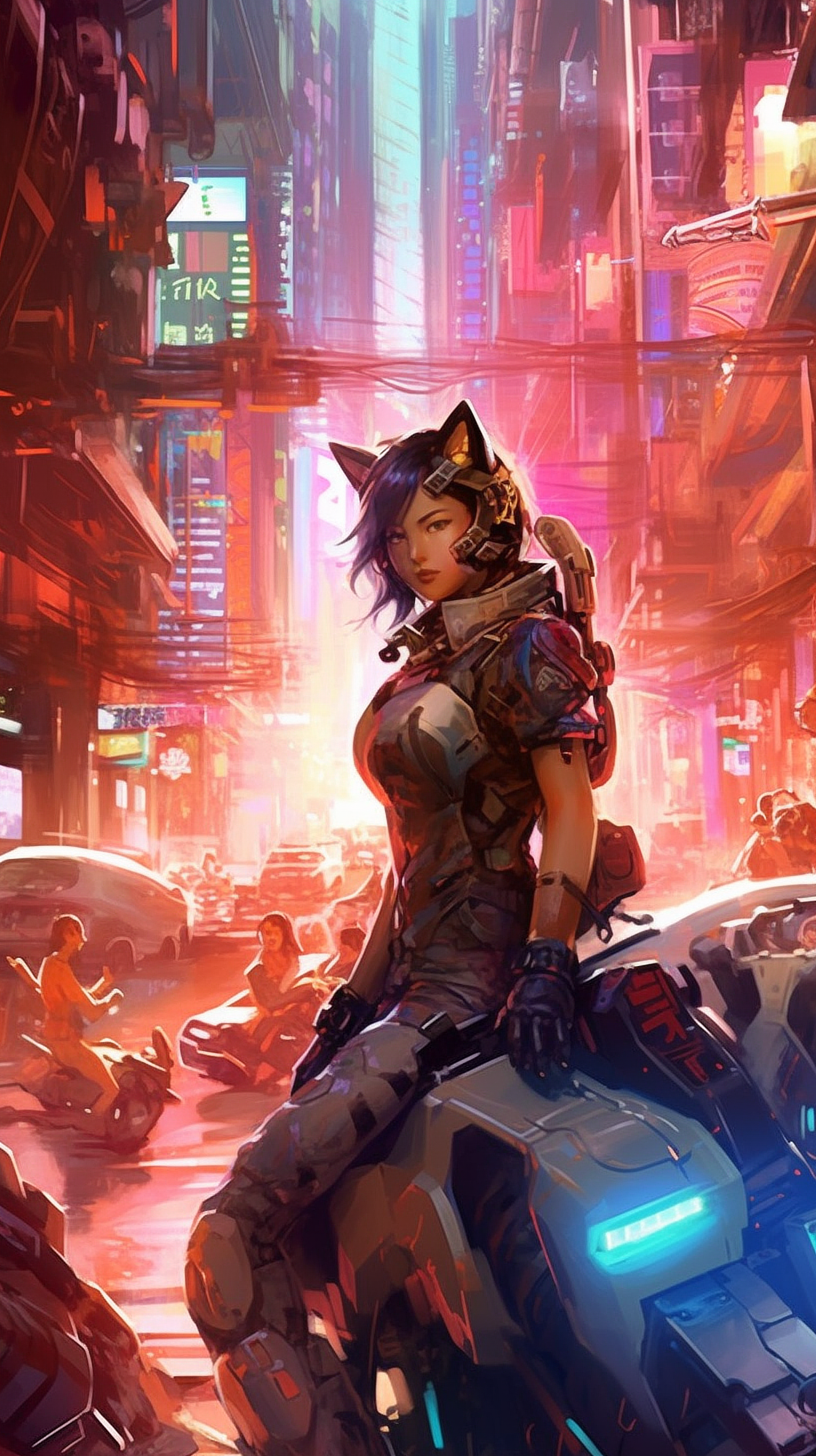 a woman in a garment with cat ears and a helmet