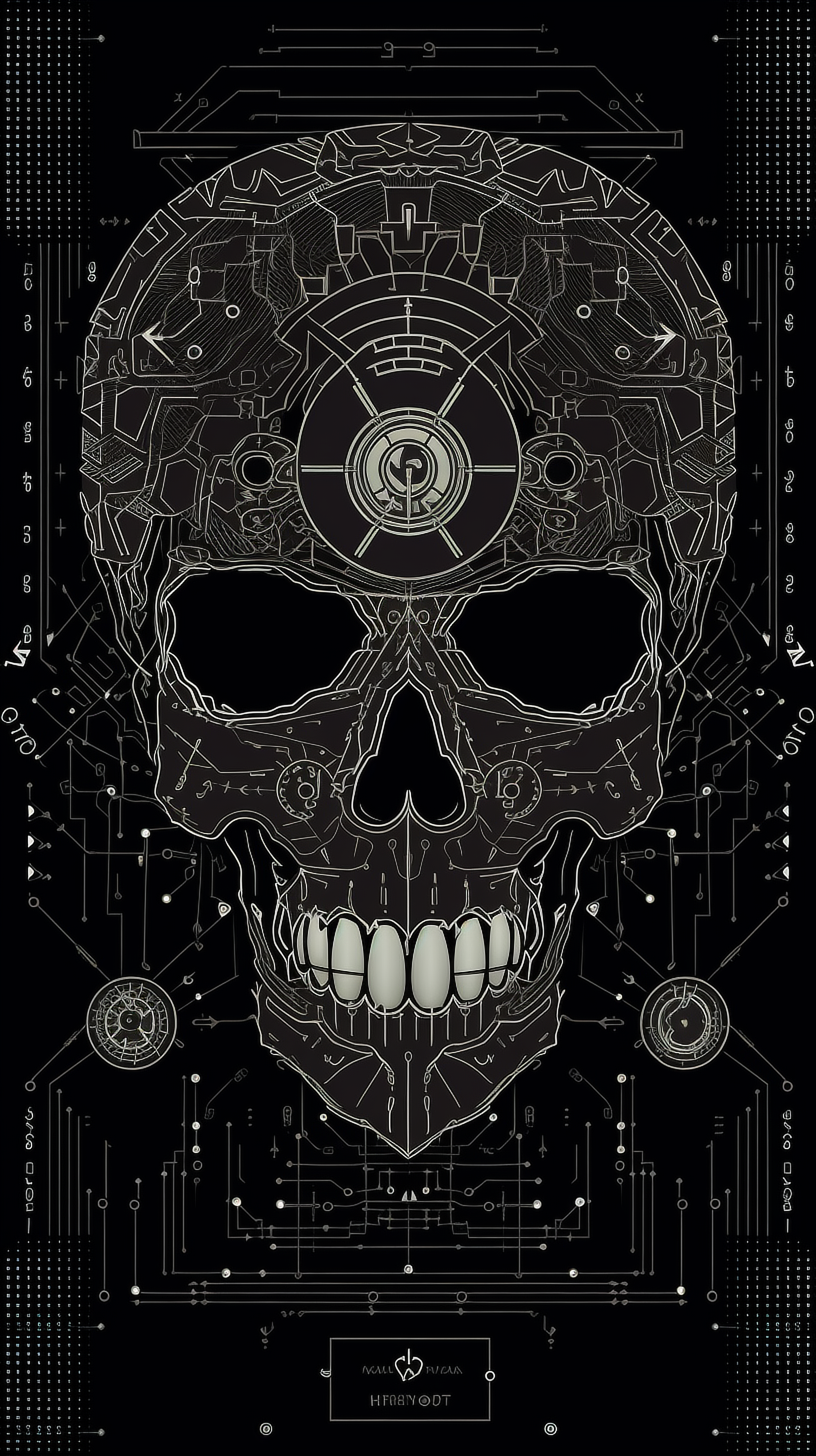 a skull with a circuit board and lines