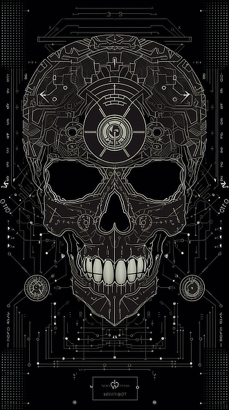 a skull with a circuit board and lines