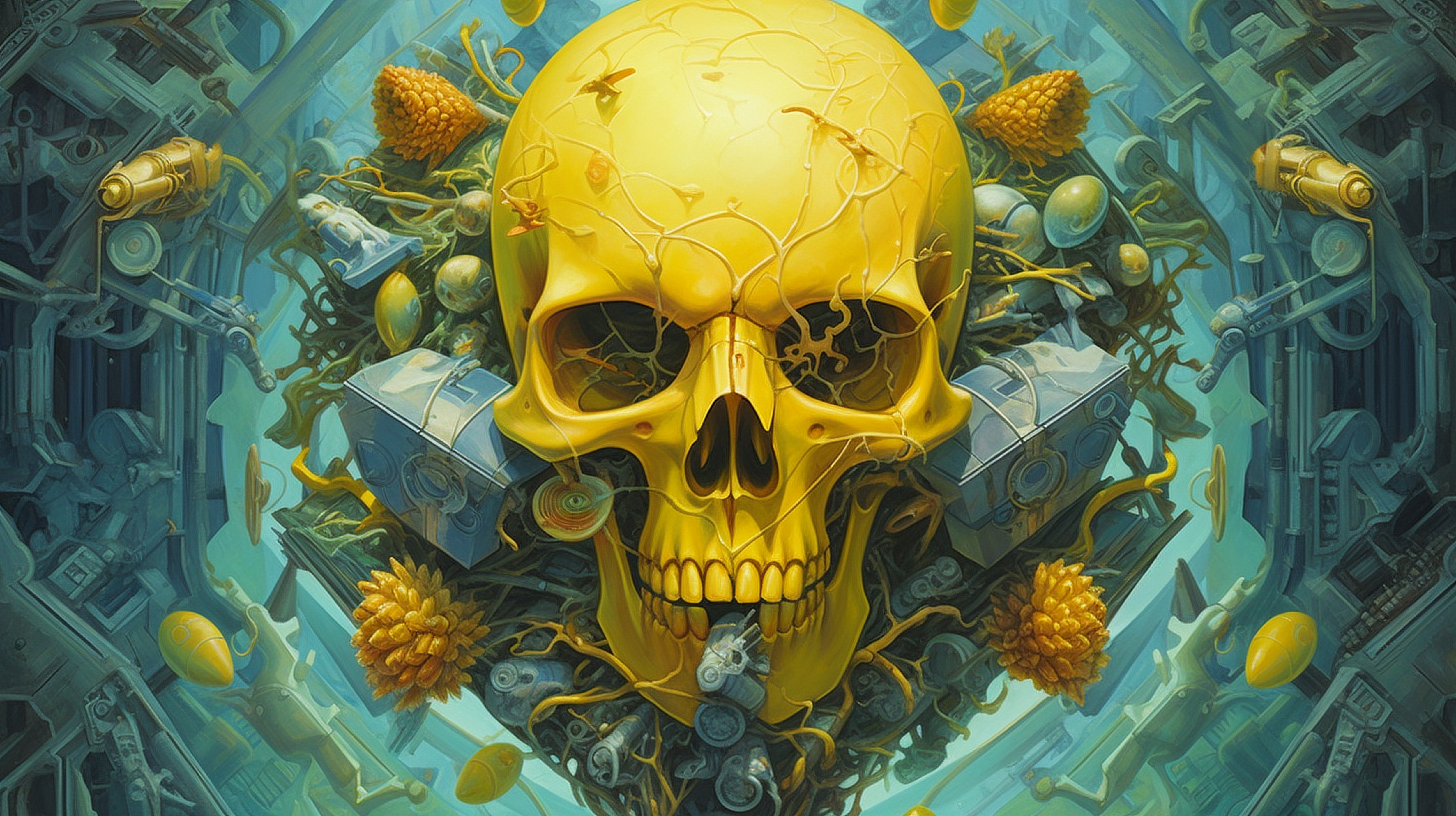 a skull with many objects around it