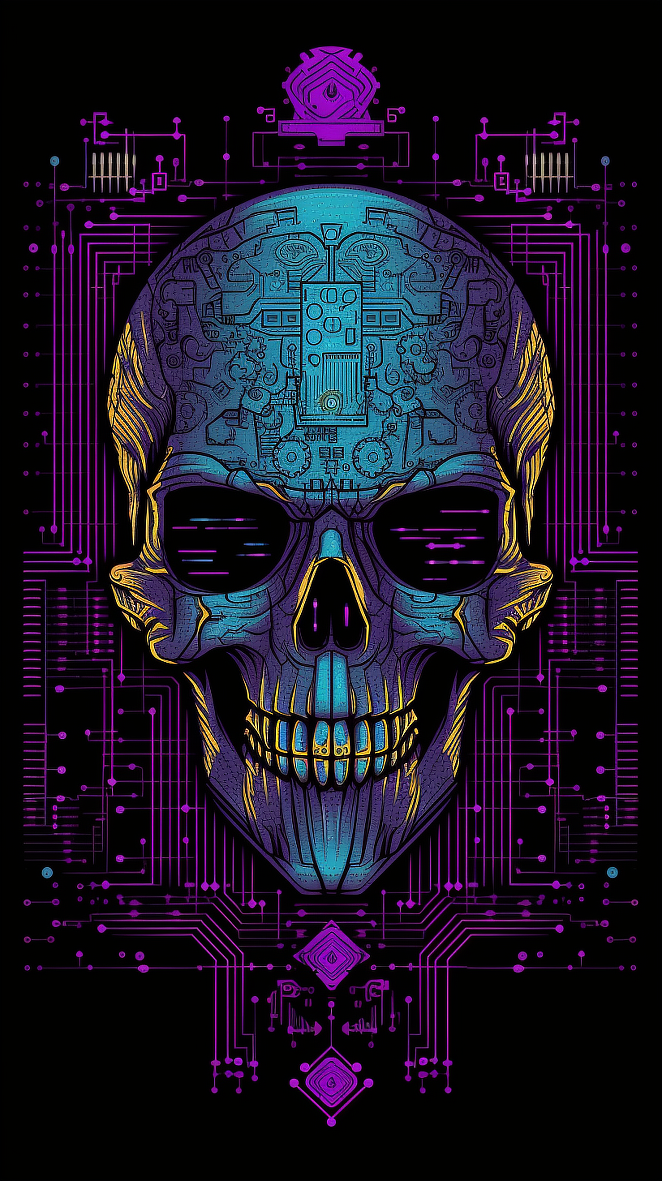 a skull with circuit board and lines