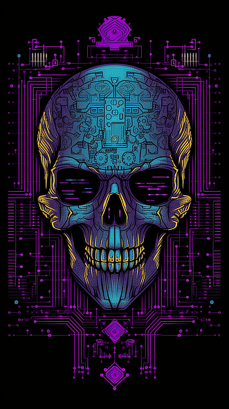 a skull with circuit board and lines