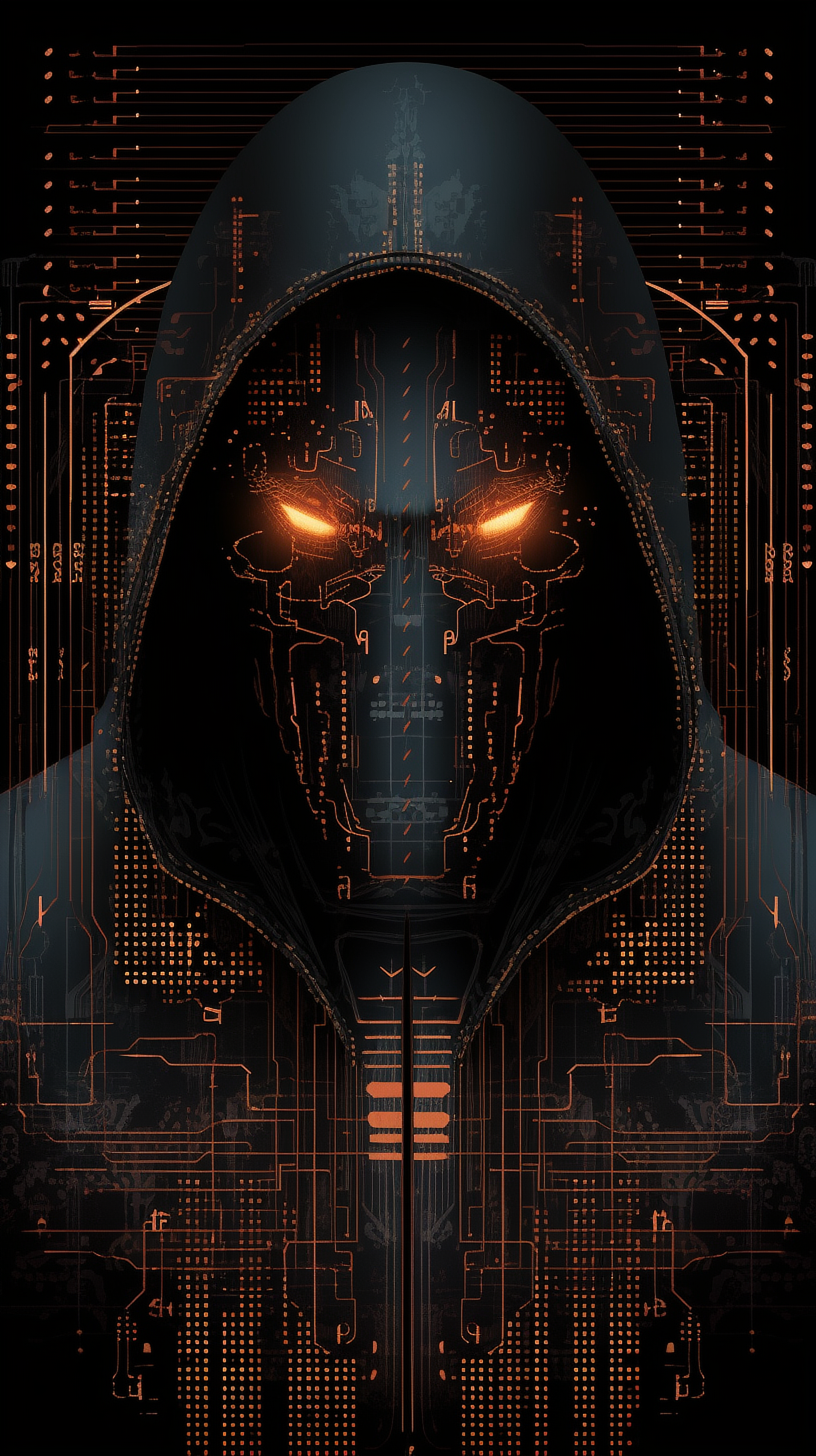 a digital art of a person wearing a black hoodie with orange lights