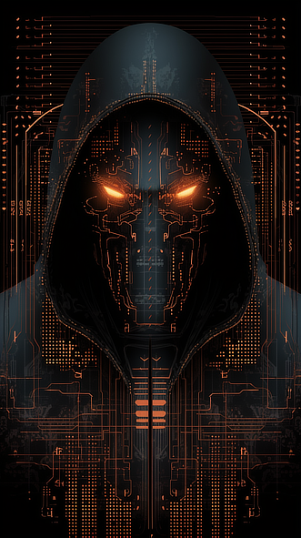 a digital art of a person wearing a black hoodie with orange lights